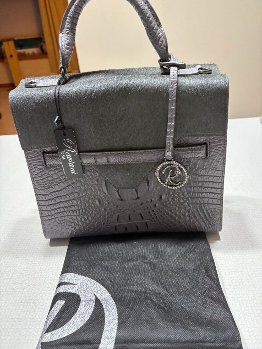 NWT Raviani USA Grey Leather Croc Embossed Satchel or Crossbody